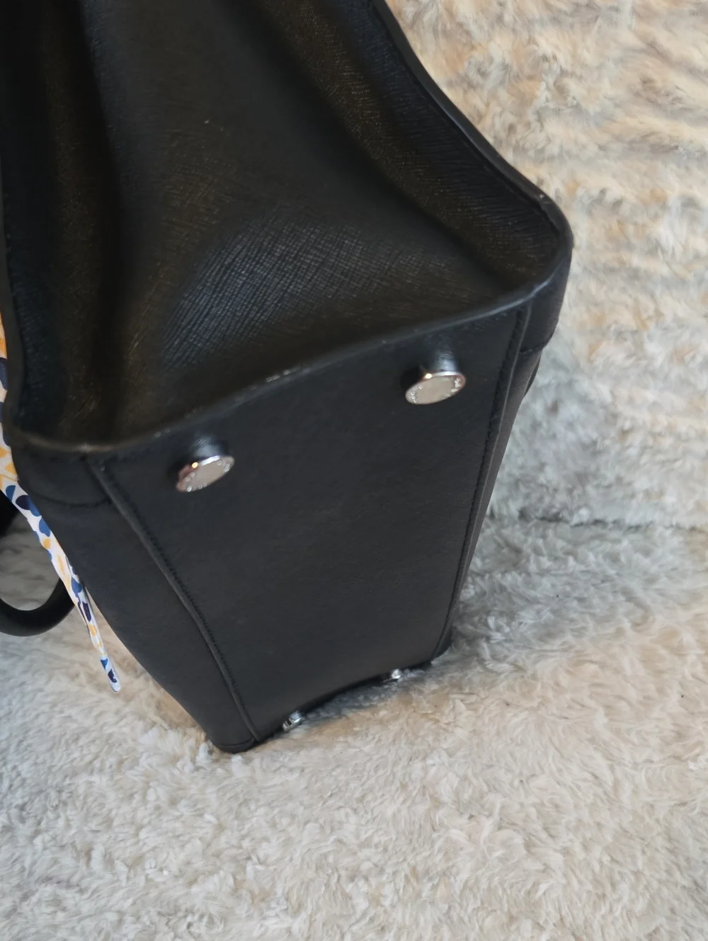 Michael Kors Black Saffiano Leather Satchel with Blue Floral Scarf EUC